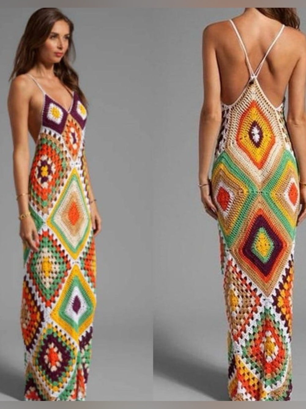 Vibrant Multicolor Boho Crochet Granny Square Backless Maxi Dress small